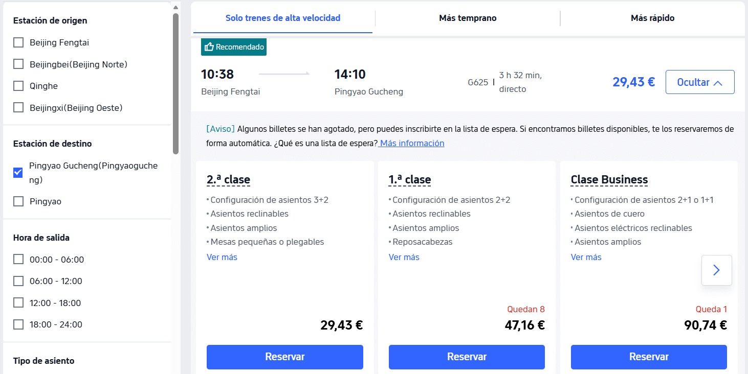 Clases de billete y asientos en los trenes de China